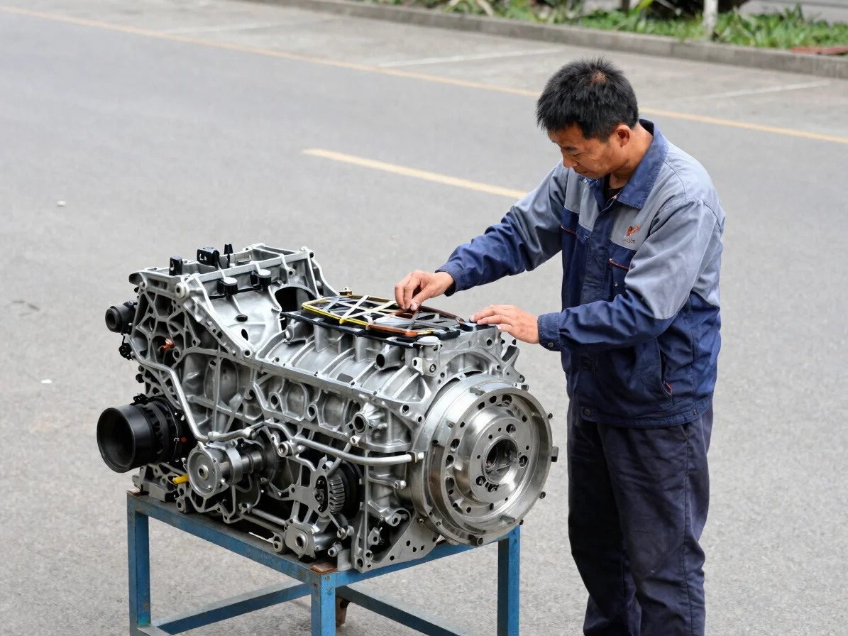 Editorial automotive photograph of an engineer examining a vehicl
