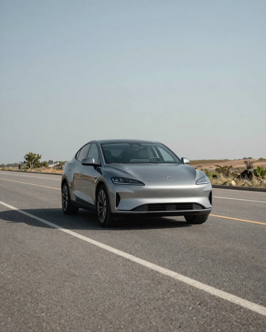 Documentary wide of a modern car on an empty open road at natural